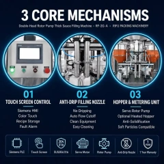 Double‑Head Rotor Pump Thick Sauce Filling Machine 3 core mechanisms poster, Siemens touch screen, anti‑drip nozzle, servo rotor pump metering unit