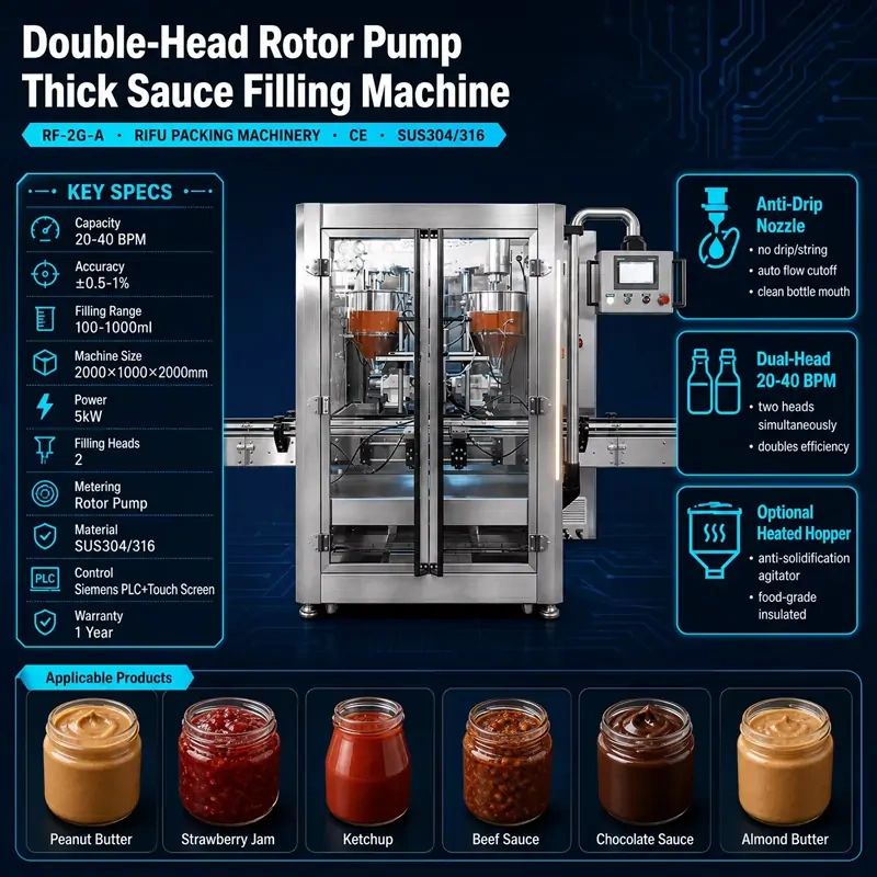 Double‑Head Rotor Pump Thick Sauce Filling Machine  spec poster, for peanut butter, jam, ketchup and viscous sauce bottling