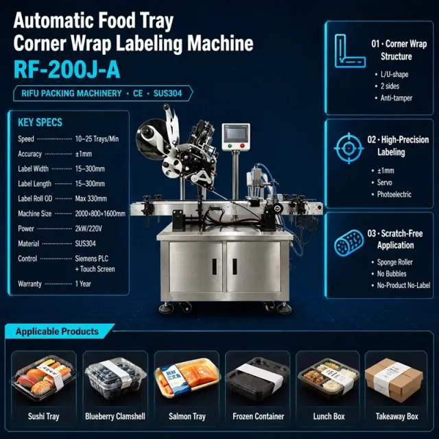 Automatic Food Tray Corner Wrap Labeling Machine spec poster, anti‑tamper L/U shape corner seal for sushi, salmon, blueberry clamshell takeaway boxes