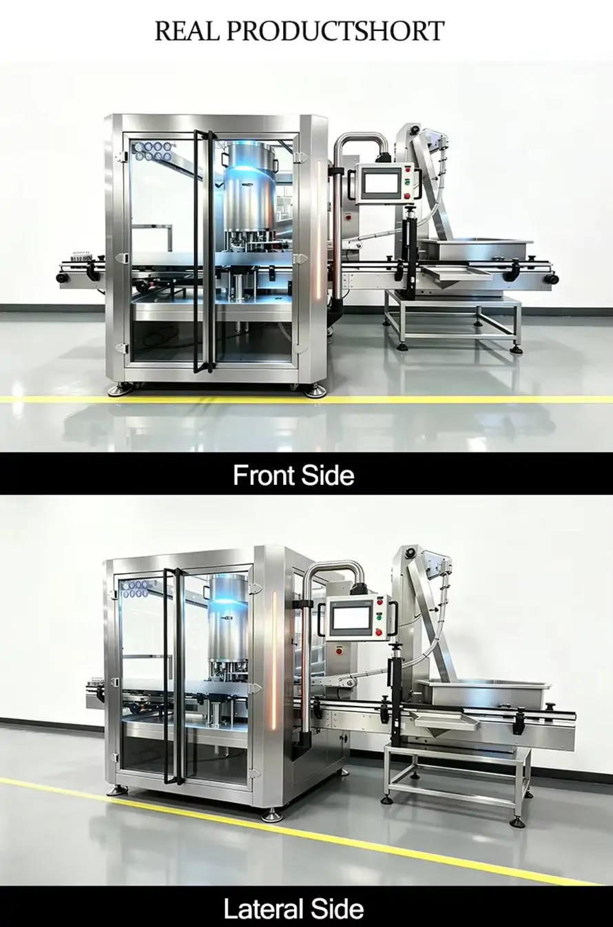 8‑Head Rotary Capping Machine real product show, front side and lateral side view of automatic bottle capping equipment