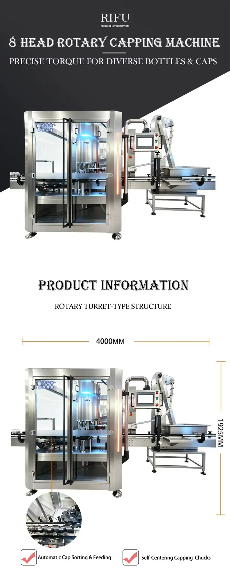 8‑Head Rotary Capping Machine product information, dimension size, rotary turret‑type structure, self‑centering capping chucks