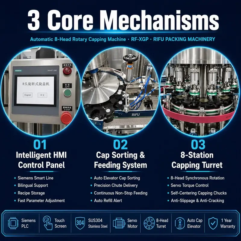 Automatic 8‑Head Rotary Capping Machine RF‑XGP 3 core mechanisms: intelligent HMI control panel, cap sorting & feeding system, 8‑station capping turret with servo torque control