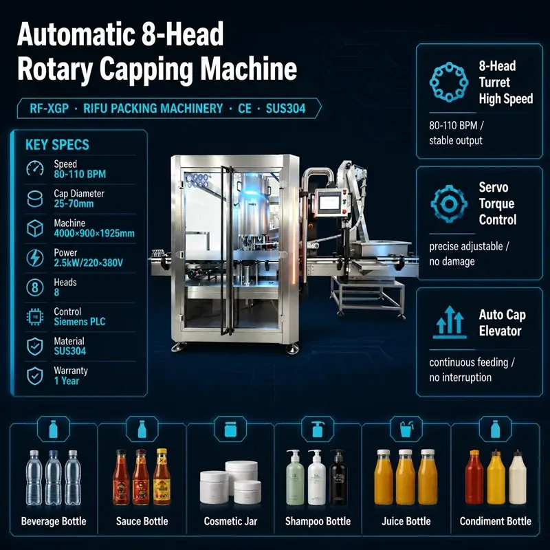 Automatic 8‑Head Rotary Capping Machine key specifications, servo torque control, SUS304, Siemens PLC, for beverage cosmetic sauce juice bottles