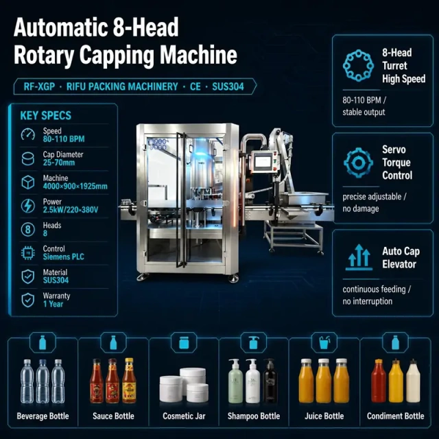 Automatic 8‑Head Rotary Capping Machine key specifications, servo torque control, SUS304, Siemens PLC, for beverage cosmetic sauce juice bottles