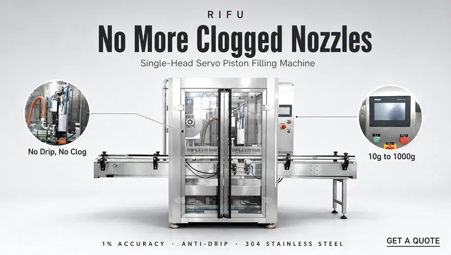 RIFU single-head servo piston filling machine for chunky and high-viscosity sauces, honey and jam — anti-drip design with 1% filling accuracy