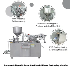 Automatic liquid and paste alu‑plastic blister packaging machine showing key components: hopper, filling unit, pvc forming and film guide assembly