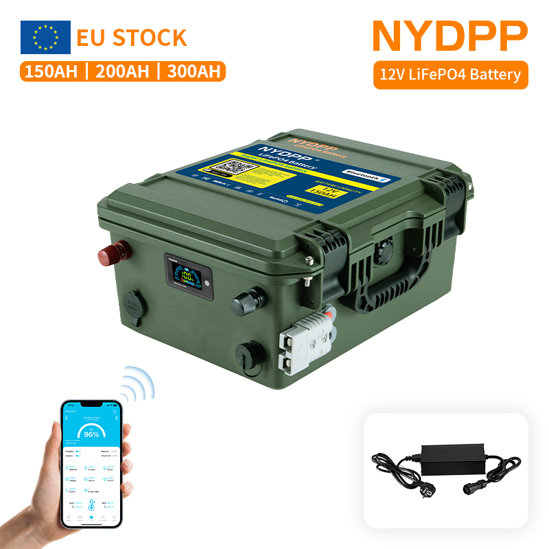 12V LiFePO4 batterie 150AH 200AH 300AH, 12.8v fer phosphate batterie au lithium est livré avec un chargeur 20A.
