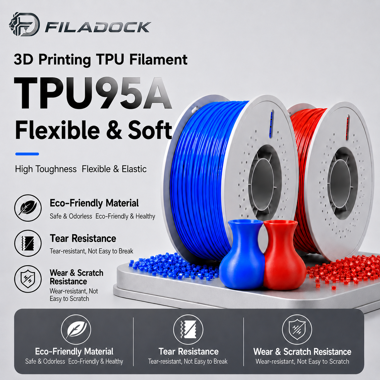 95A TPU Filament 1.75mm Flexible Soft Rubber 3D Printer Material