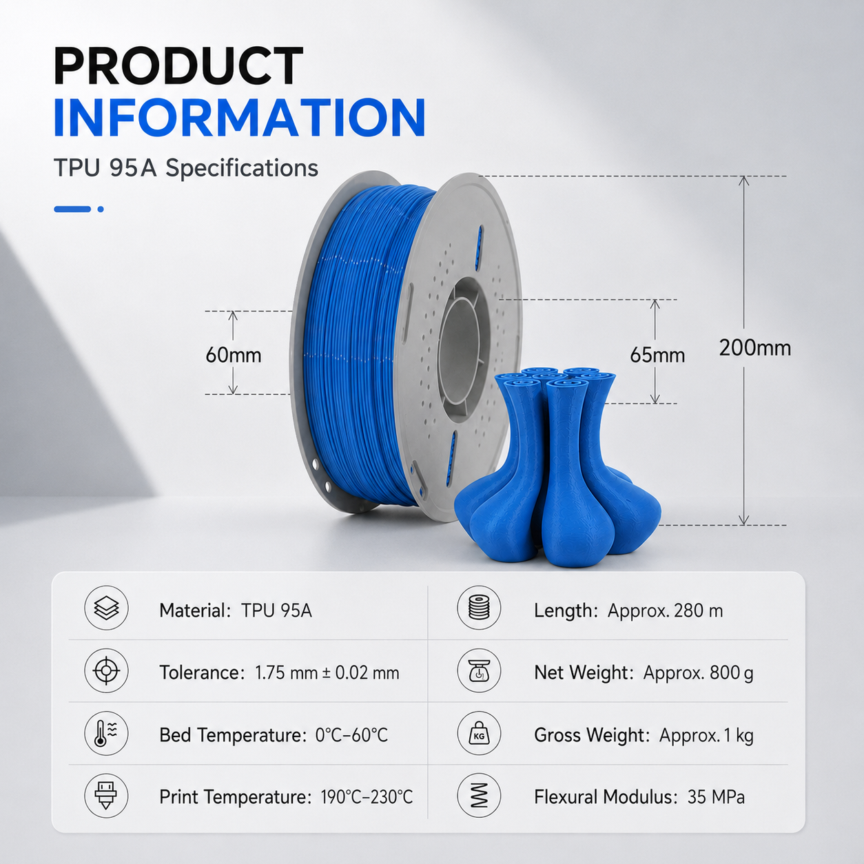 95A TPU Filament 1.75mm Flexible Soft Rubber 3D Printer Material