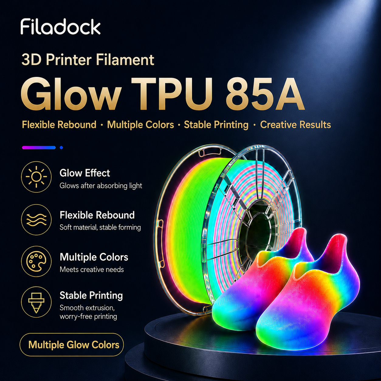 Filadock 85A Glow TPU Filament 1.75mm – Ultra Soft Glow in the Dark TPU for Shoes, Wearables & Flexible Printing