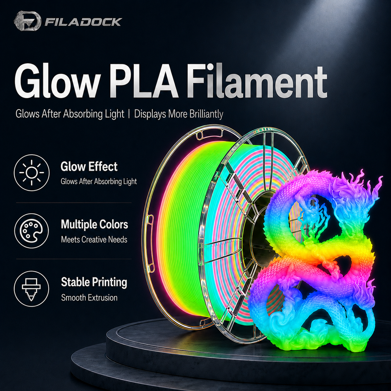 Filadock Glow in the Dark Rainbow Matte PLA+ Filament 1.75mm – High Speed Frosted PLA for FDM 3D Printers