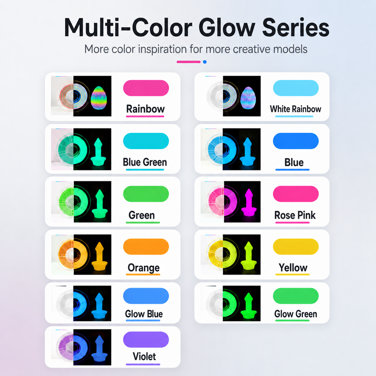 Filadock Glow in the Dark Rainbow Matte PLA+ Filament 1.75mm – High Speed Frosted PLA for FDM 3D Printers