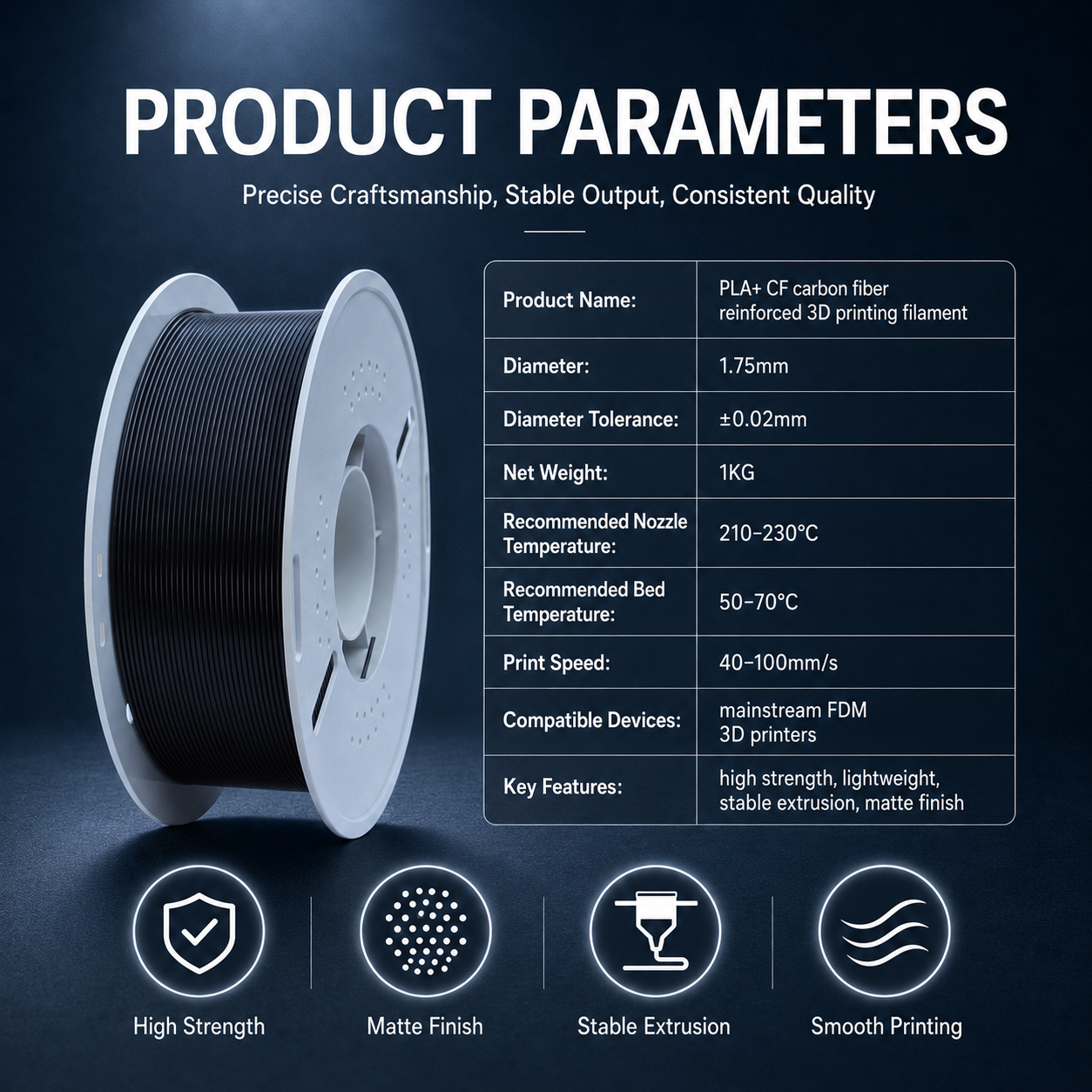 Filadock PLA-CF Filament 1.75mm – Carbon Fiber Reinforced PLA for Matte & Functional 3D Printing