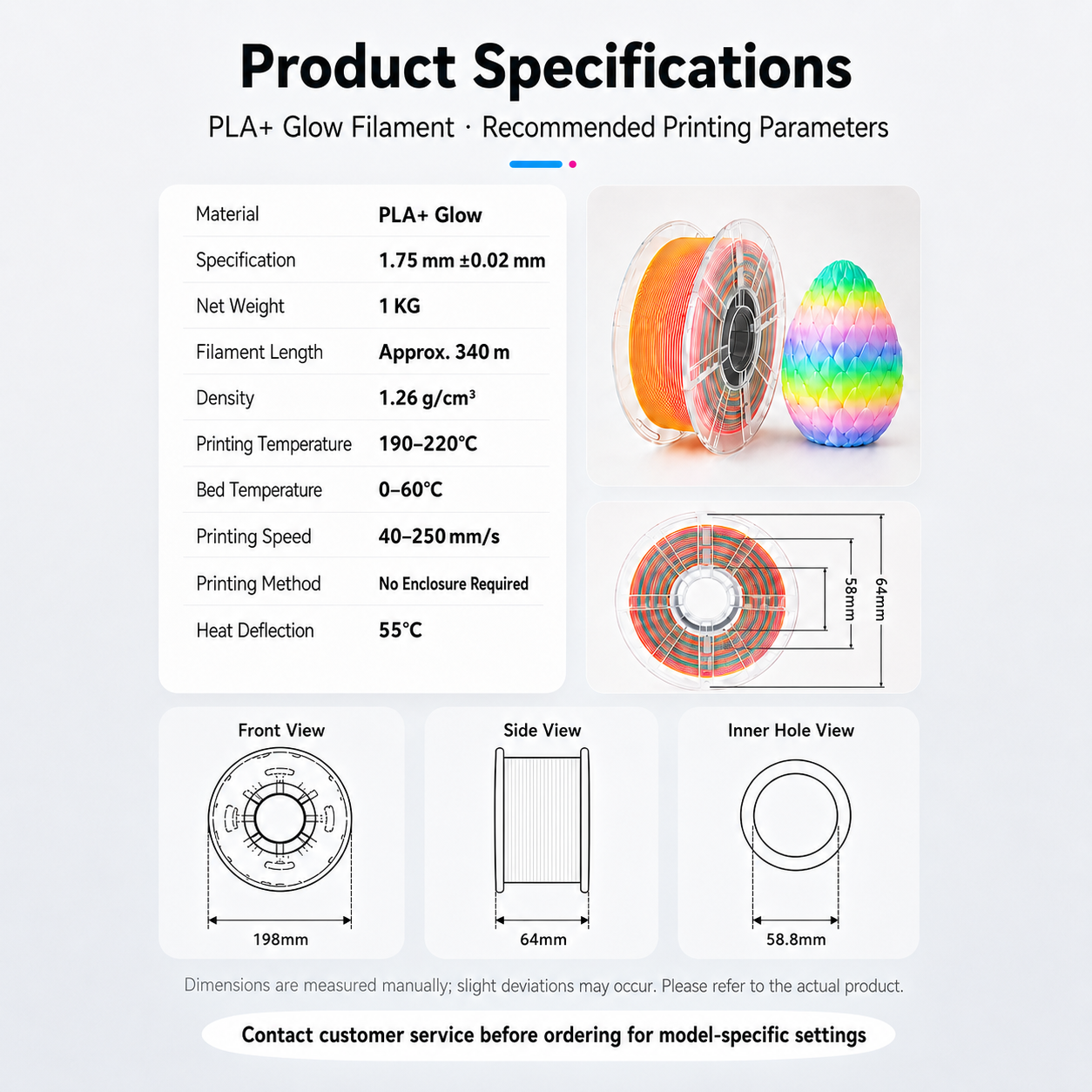 Filadock Glow in the Dark Rainbow Matte PLA+ Filament 1.75mm – High Speed Frosted PLA for FDM 3D Printers