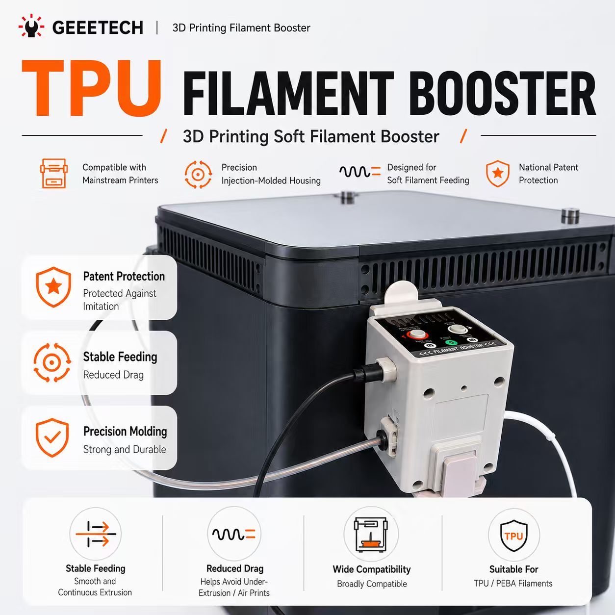 3D Printer TPU Filament Booster – Flexible Filament Feeding Assist Device for TPU, TPE and Soft Filaments