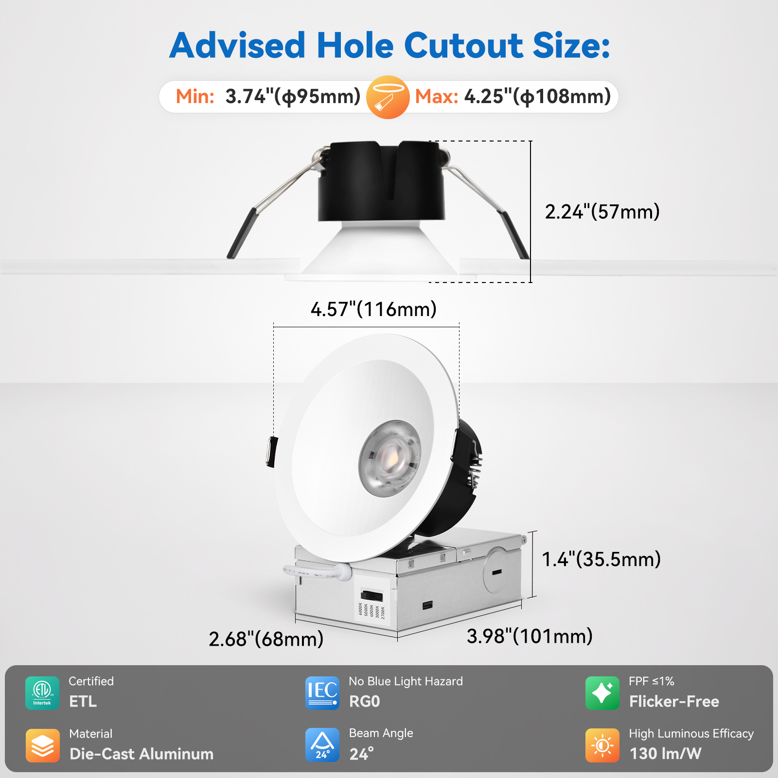 4 Inch Anti Glare COB Recessed Lights OEM / ODM Factory