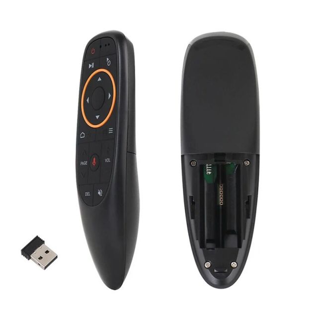 جهاز تحكم عن بعد لاسلكي G10S Air Mouse مزود بخاصية التحكم الصوتي، يعمل بتردد 2.4 جيجاهرتز، مزود بجيروسكوب وخاصية التعلم بالأشعة تحت الحمراء، متوافق مع أجهزة H96 MAX وX88 PRO وX96 MAX وAndroid TV Box HK1، من إنتاج شركة Shenzhen Weihong Technology Co., Ltd.