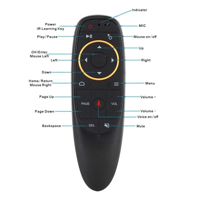 جهاز تحكم عن بعد لاسلكي G10S Air Mouse مزود بخاصية التحكم الصوتي، يعمل بتردد 2.4 جيجاهرتز، مزود بجيروسكوب وخاصية التعلم بالأشعة تحت الحمراء، متوافق مع أجهزة H96 MAX وX88 PRO وX96 MAX وAndroid TV Box HK1، من إنتاج شركة Shenzhen Weihong Technology Co., Ltd.