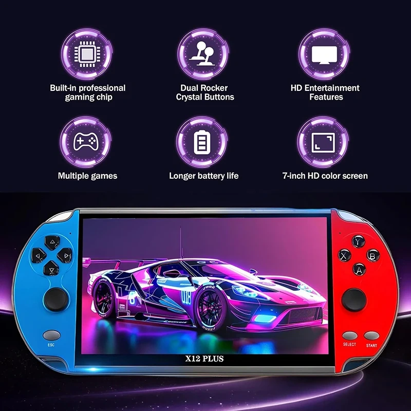 Консоль для видеоигр X12 Plus Retro, 10 000 игр, 7,1-дюймовый HD-экран, классический видеоматричный проигрыватель, поддержка выхода на телевизор, подарок для детей и взрослых