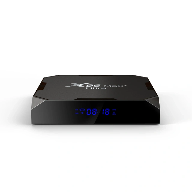 Boîtier TV X96Max Plus Ultra sous Android 11 avec processeur Amlogic S905X4 (4 Go/32 Go ou 4 Go/64 Go), compatible AV1 et 8K, Wi-Fi et Bluetooth. Shenzhen Weihong Technology Co., Ltd.