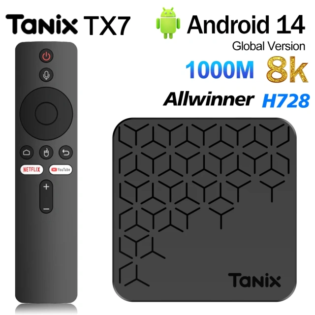 Boîtier TV intelligent Tanix TX7 Android 14, processeur Allwinner H728, 8K HD, Wi-Fi 6, 4G, 32/64 Go, lecteur multimédia, 2 Go ou 16 Go de RAM, HDR10+, Shenzhen Weihong Technology Co., Ltd.