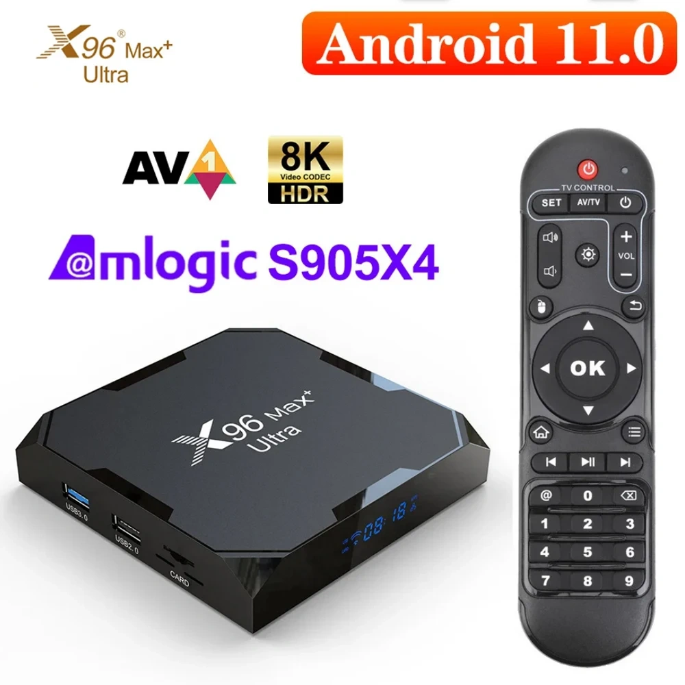 Boîtier TV X96Max Plus Ultra sous Android 11 avec processeur Amlogic S905X4 (4 Go/32 Go ou 4 Go/64 Go), compatible AV1 et 8K, Wi-Fi et Bluetooth. Shenzhen Weihong Technology Co., Ltd.