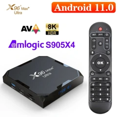 Boîtier TV X96Max Plus Ultra sous Android 11 avec processeur Amlogic S905X4 (4 Go/32 Go ou 4 Go/64 Go), compatible AV1 et 8K, Wi-Fi et Bluetooth. Shenzhen Weihong Technology Co., Ltd.
