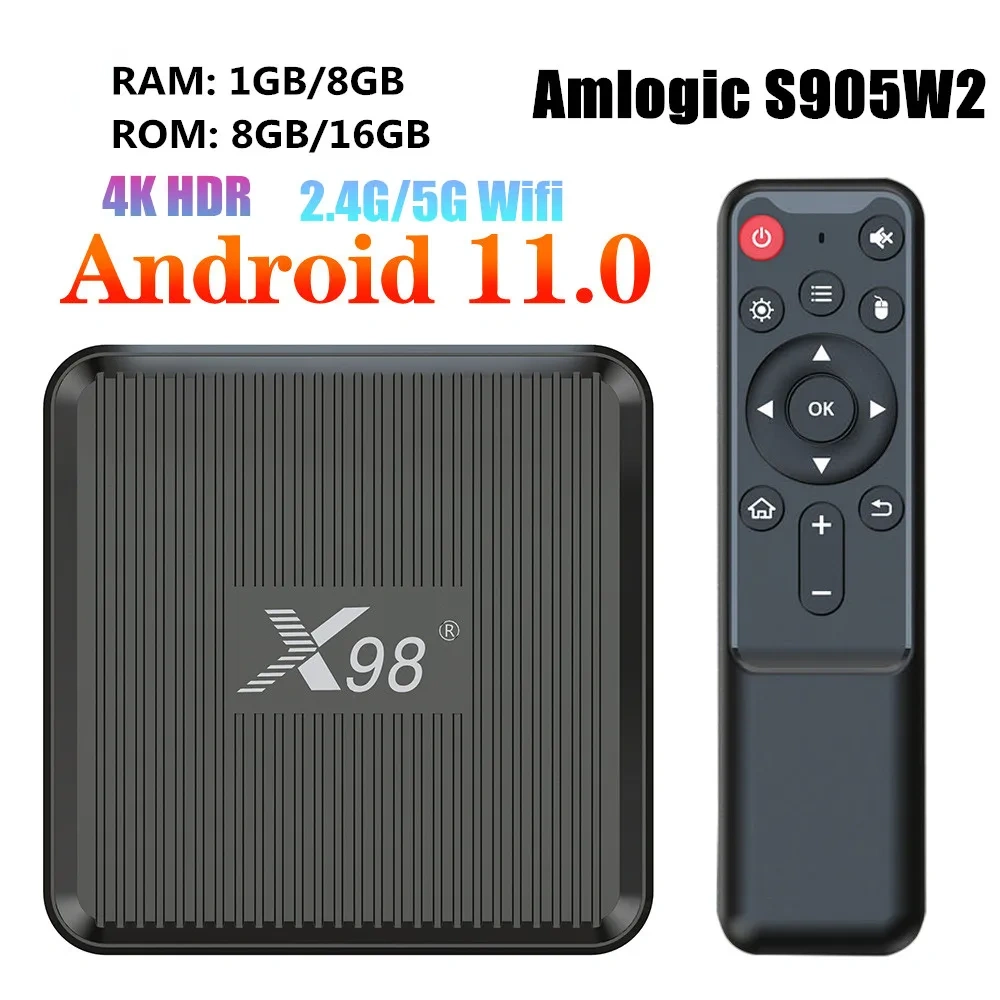 Boîtier TV X98Q Android 11 Amlogic S905W2 2 Go 16 Go / 1 Go 8 Go AV1 3D Wi-Fi 2,4 GHz 5 GHz 4K HDR Lecteur multimédia intelligent pour la maison, Shenzhen Weihong Technology Co., Ltd.
