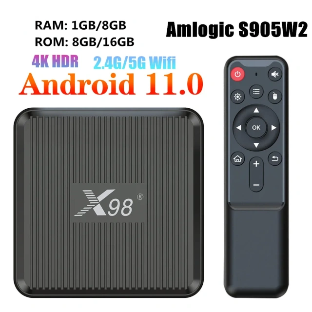 Boîtier TV X98Q Android 11 Amlogic S905W2 2 Go 16 Go / 1 Go 8 Go AV1 3D Wi-Fi 2,4 GHz 5 GHz 4K HDR Lecteur multimédia intelligent pour la maison, Shenzhen Weihong Technology Co., Ltd.