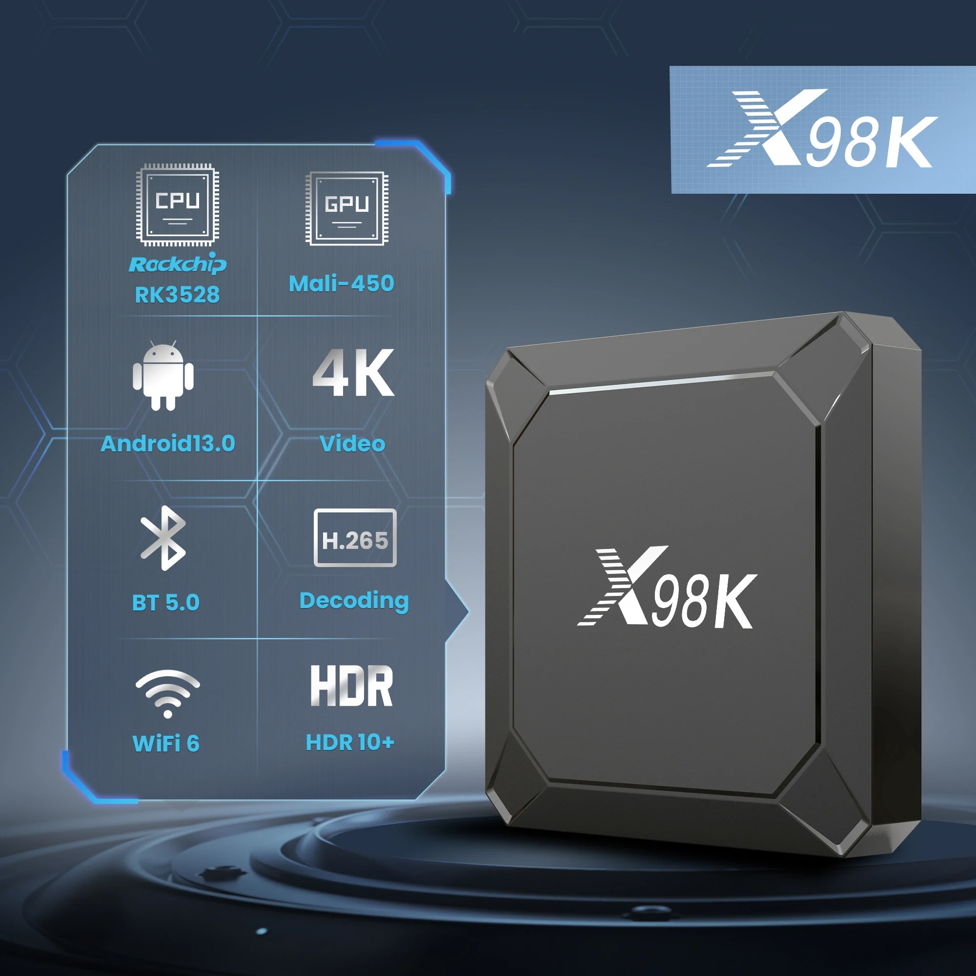 Boîtier TV intelligent X98K Android 13 RK3528, compatible 2G/16G, 2,4G/5G, Wi-Fi double bande, Bluetooth 5.0, 4 Go/32 Go, Wi-Fi 6, lecteur multimédia, Shenzhen Weihong Technology Co., Ltd.