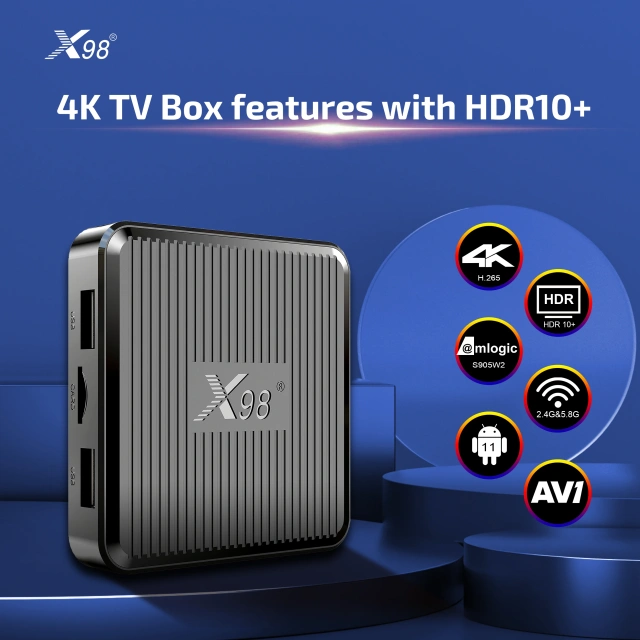 Boîtier TV X98Q Android 11 Amlogic S905W2 2 Go 16 Go / 1 Go 8 Go AV1 3D Wi-Fi 2,4 GHz 5 GHz 4K HDR Lecteur multimédia intelligent pour la maison, Shenzhen Weihong Technology Co., Ltd.