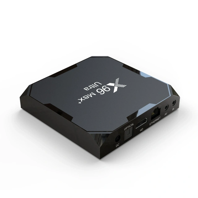 Boîtier TV X96Max Plus Ultra sous Android 11 avec processeur Amlogic S905X4 (4 Go/32 Go ou 4 Go/64 Go), compatible AV1 et 8K, Wi-Fi et Bluetooth. Shenzhen Weihong Technology Co., Ltd.