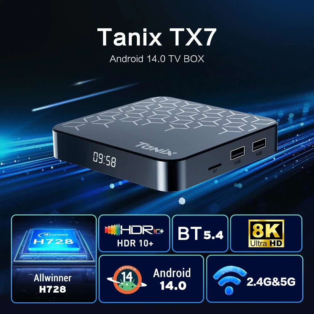 Boîtier TV intelligent Tanix TX7 Android 14, processeur Allwinner H728, 8K HD, Wi-Fi 6, 4G, 32/64 Go, lecteur multimédia, 2 Go ou 16 Go de RAM, HDR10+, Shenzhen Weihong Technology Co., Ltd.