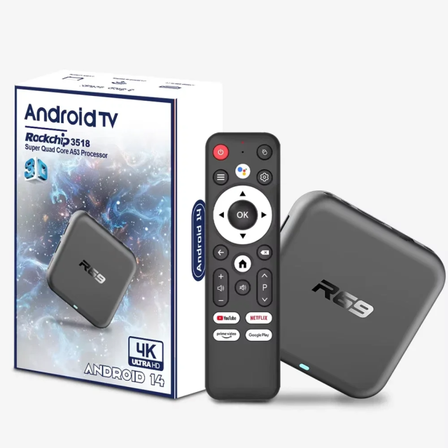 Boîtier TV intelligent R69 Android 14 ATV, lecteur multimédia 4K Ultra HD HDR avec Wi-Fi 6, Bluetooth 5.0 et télécommande vocale, Shenzhen Weihong Technology Co., Ltd.