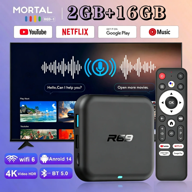 Boîtier TV intelligent R69 Android 14 ATV, lecteur multimédia 4K Ultra HD HDR avec Wi-Fi 6, Bluetooth 5.0 et télécommande vocale, Shenzhen Weihong Technology Co., Ltd.
