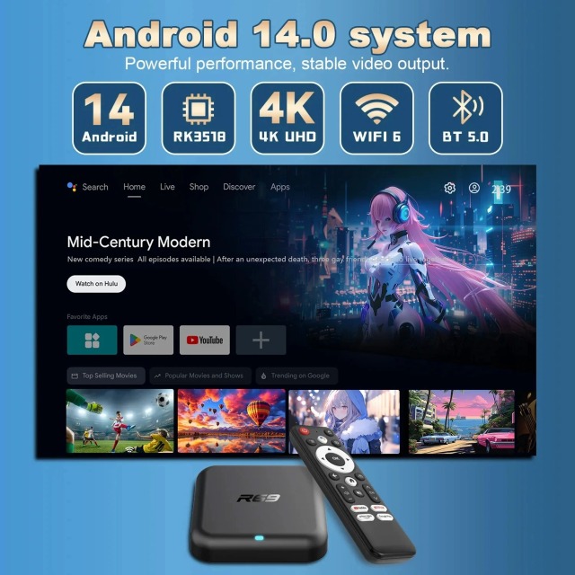 Boîtier TV intelligent R69 Android 14 ATV, lecteur multimédia 4K Ultra HD HDR avec Wi-Fi 6, Bluetooth 5.0 et télécommande vocale, Shenzhen Weihong Technology Co., Ltd.