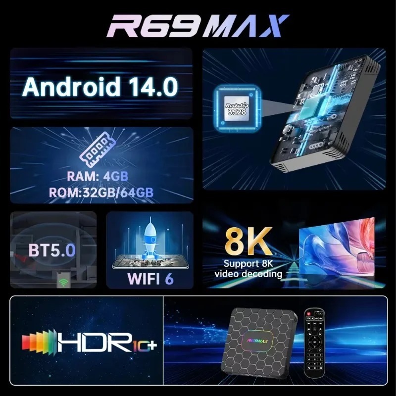 Reproductor multimedia para cine en casa R69 Max Android 14, Rockchip 3528 HDR10+ 8K, Shenzhen Weihong Technology Co., Ltd., Reproductor multimedia para TV R69 Max Android 14