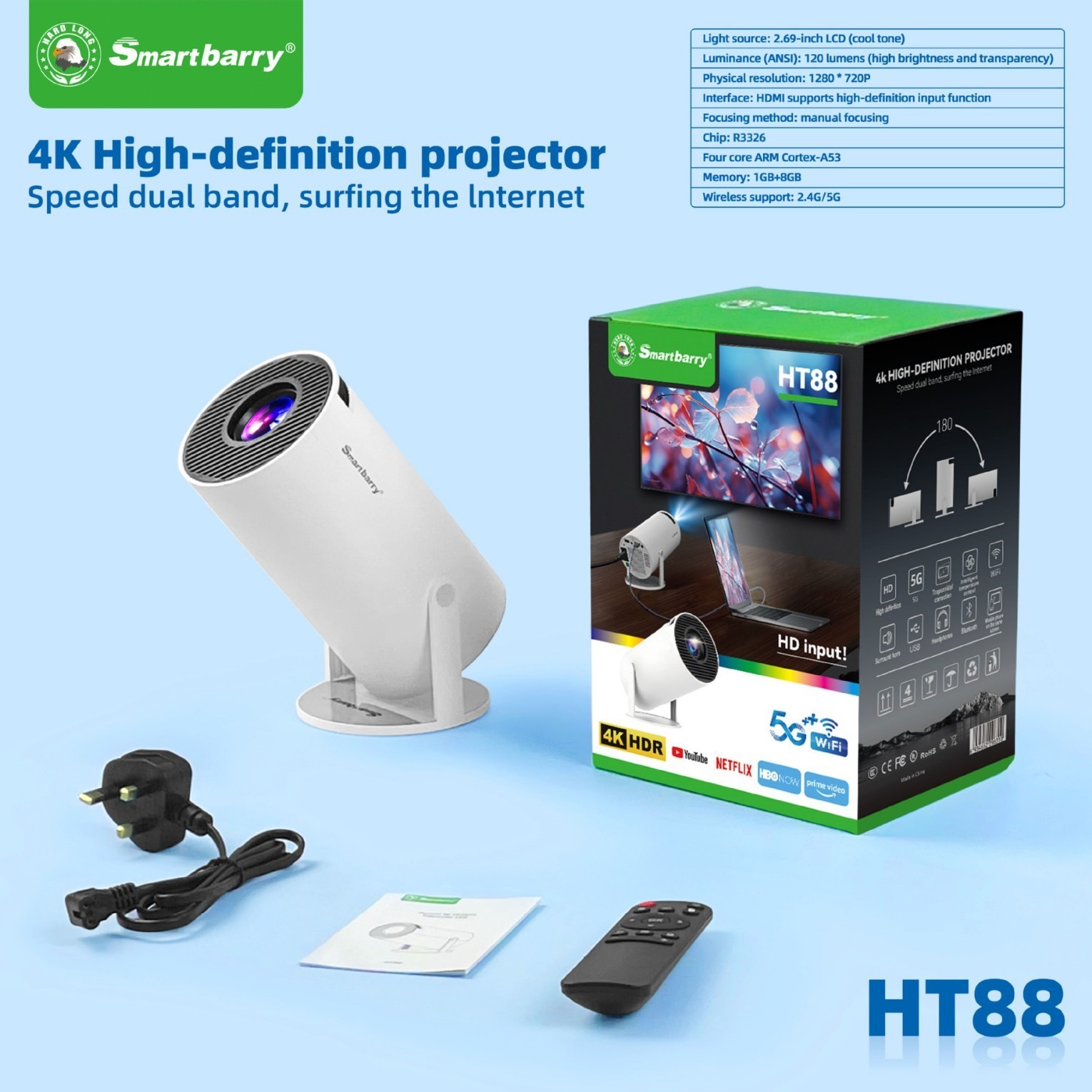 HT88 Smart Android High-Definition Wall-mounted Portable High-Definition Projector for Bedrooms,Shenzhen Weihong Technology Co., Ltd.,HT88 Smart Android High-Definition Projector