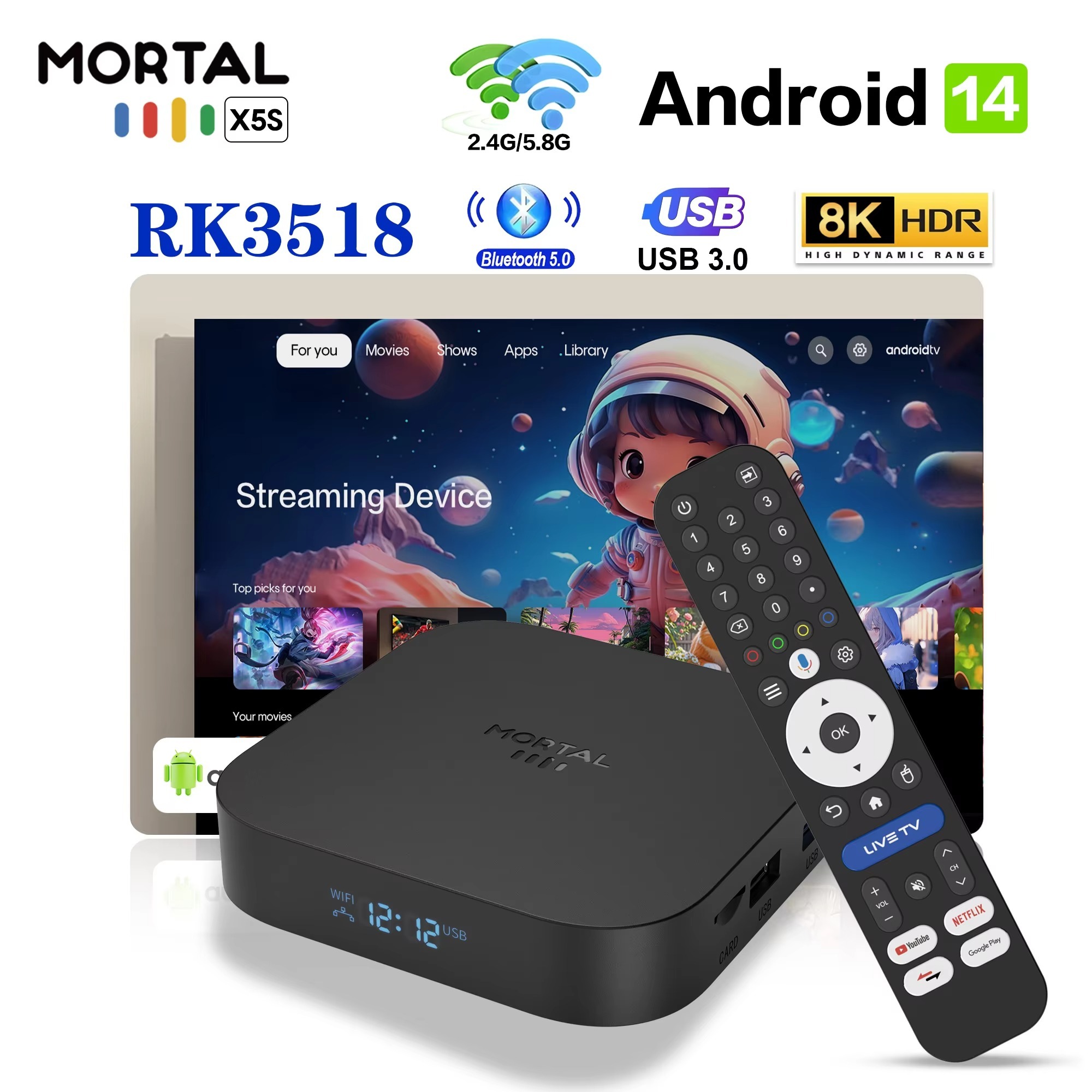 X5S Android 14 Dual UI Interface RK3518 WiFi6 BT 5.4 8K  Smart TV Box,Shenzhen Weihong Technology Co., Ltd.,X5S Android 14  8K  Smart TV Box