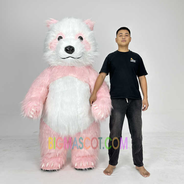 Commercial Unisex Adult Long Fur Inflatable Pink Panda Costume Mascot Realistic Printed Carnival Festival Holiday Promotion