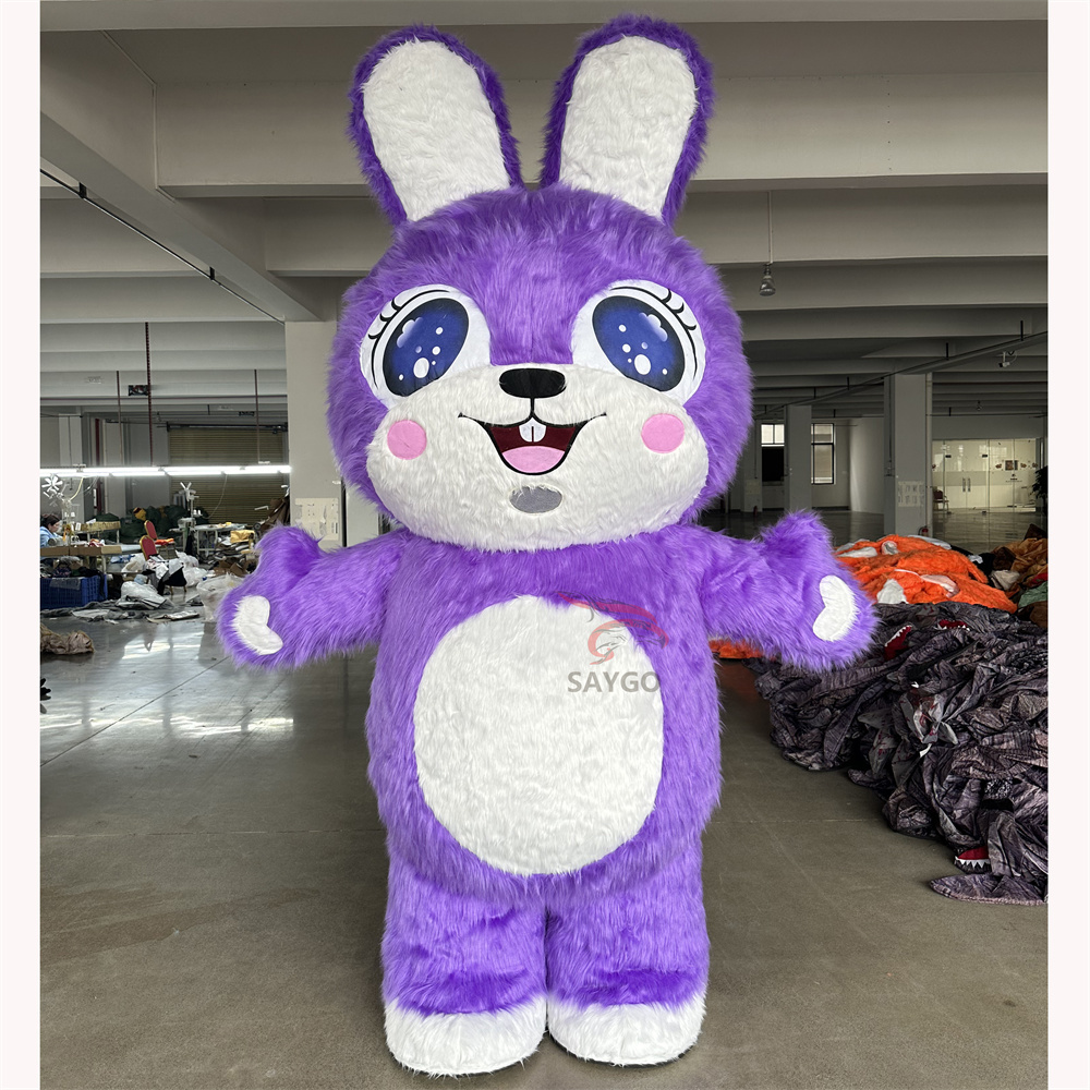 High Quality Adorable Inflatable Long Fur Purple Bunny Rabbit Mascot Costume for Easter Animal Costume Cosplay Performances