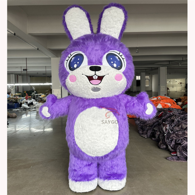 High Quality Adorable Inflatable Long Fur Purple Bunny Rabbit Mascot Costume for Easter Animal Costume Cosplay Performances