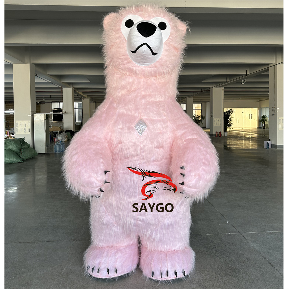 Happy Sky Panda Pink Furry Polar Bear Mascot Costume Hand-Drawn Printing Inflatable Role Play Props Birthday Parties Halloween