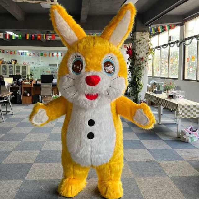 Inflatable Adult White and Yellow Easter Bunny Rabbit Mascot Costume for Carnival and Halloween