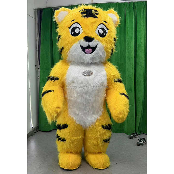 Inflatable Life Size Yellow Tiger Mascot Costume Rental-Realistic Long Fur Design for Adults Unisex Easter/Halloween