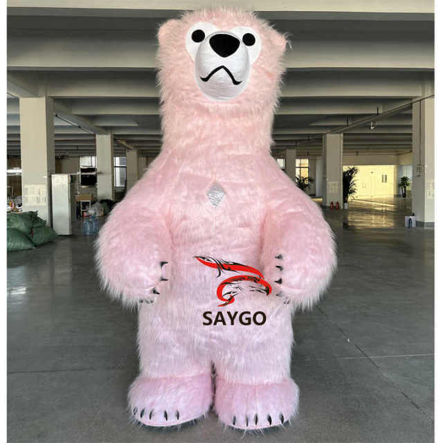 Happy Sky Panda Pink Furry Polar Bear Mascot Costume Hand-Drawn Printing Inflatable Role Play Props Birthday Parties Halloween