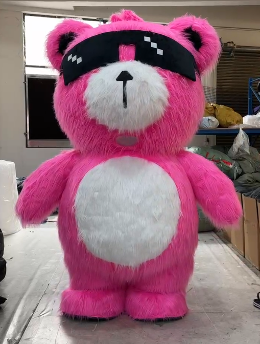 Inflatable Pink Cool Bear Mascot Costume Adults-Realistic Long Fur Unisex Rental Cartoon Carnival/Easter/Halloween Party