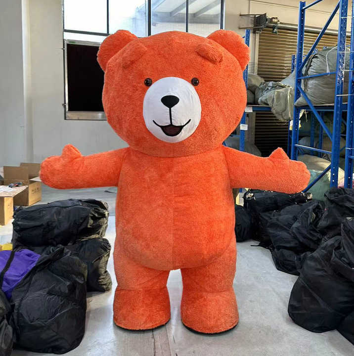SAYGO 2025 Unisex Adult Full Body Inflatable Teddy Bear Costume Orange Plush Halloween Walking Suit Party Cartoon Mascot