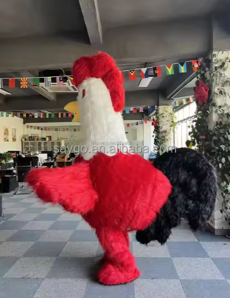 White Neck Furry Cock Mascot Costume 2m Rooster Chicks Air Blow Costumes Suits for Dress up Performance Advertising