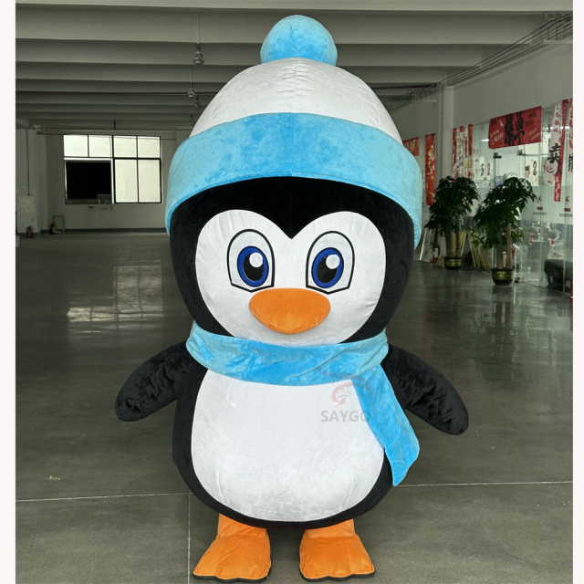 Blue Hat Penguin Cartoon Inflatable Mascot Costume Battery Blow up Suit for Adults,Big Mascot,Animal Theme Party 2m/2.6m Walking Moving Cosplay Cartoon Penguin Inflatable Mascot Costume Battery Blow up Suit for Adults